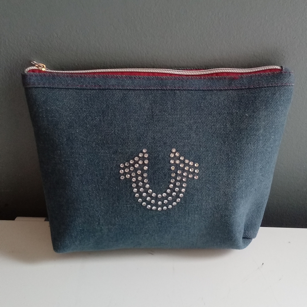 True Religion Rhinestone Denim Makeup Bag Cosmetic Pouch Zipper Travel Pouch